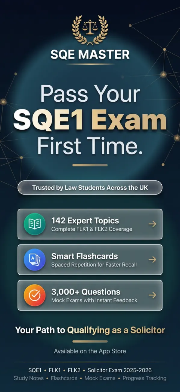 Overview of the SQE1 app: 142 expert topics, smart flashcards with spaced repetition, and practice questions with mock exams