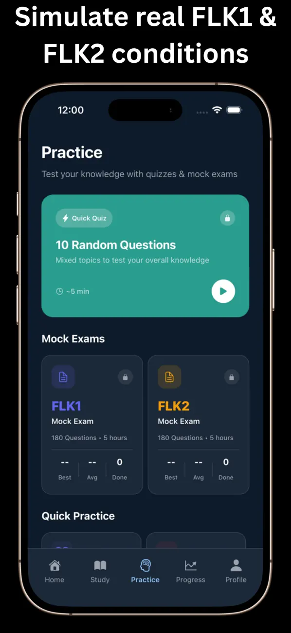 Practice tab with timed FLK1 and FLK2 mock exams of 180 questions over 5 hours, plus a 10-question quick quiz