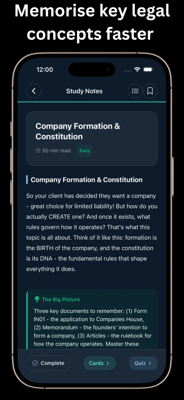 Study notes for Company Formation & Constitution with reading time and difficulty rating