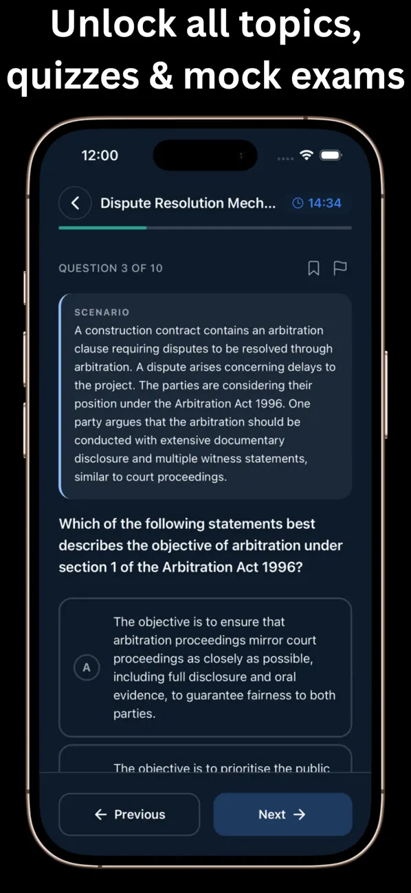 iPhone showing a timed SQE1 practice question in the app: an Arbitration Act 1996 scenario with multiple-choice answers