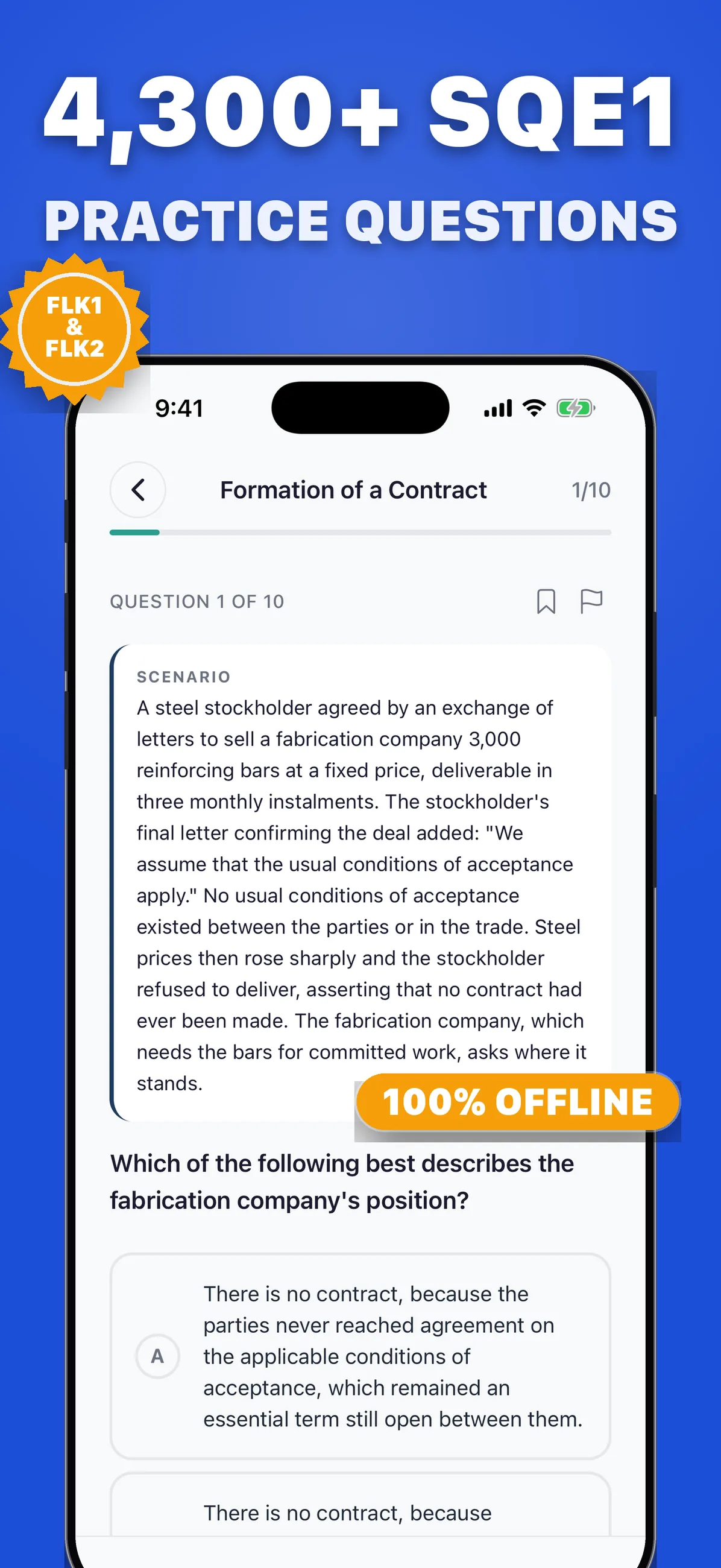 iPhone showing an SQE1 practice question in the app: a contract formation scenario about a steel supply agreement, with lettered multiple-choice answers