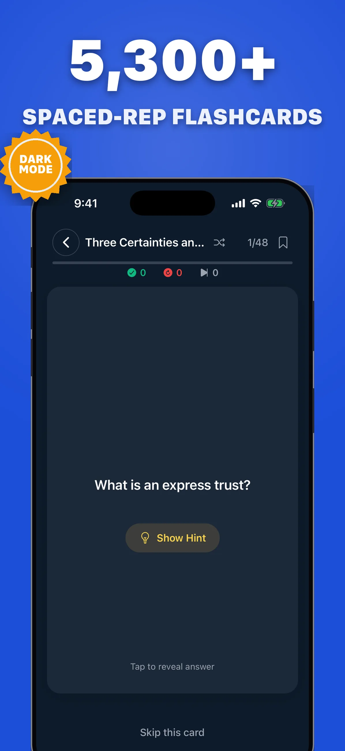 Flashcard in dark mode from a Three Certainties deck asking "What is an express trust?", with a hint button and a prompt to tap to reveal the answer