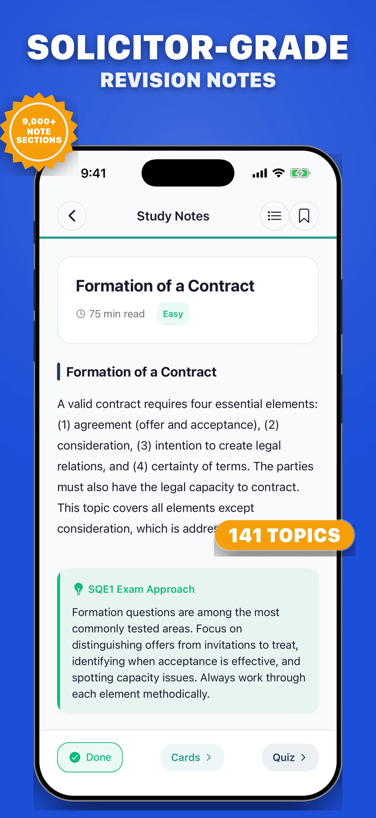 Study note on Formation of a Contract with a 75-minute read time, an easy difficulty tag and an SQE1 exam approach tip box