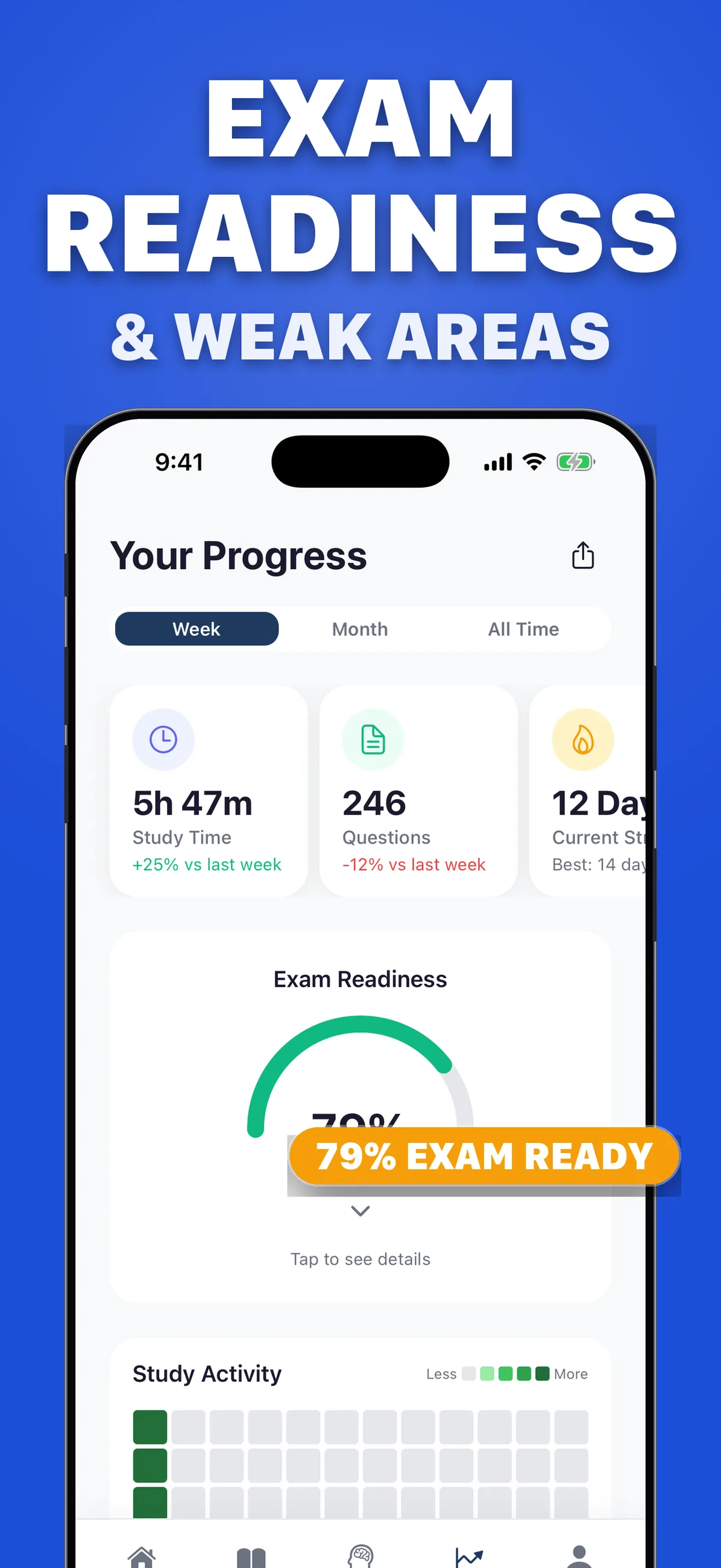 Progress dashboard showing 5 hours 47 minutes of study time this week, 246 questions answered, a 12-day streak and a 79% exam-readiness dial
