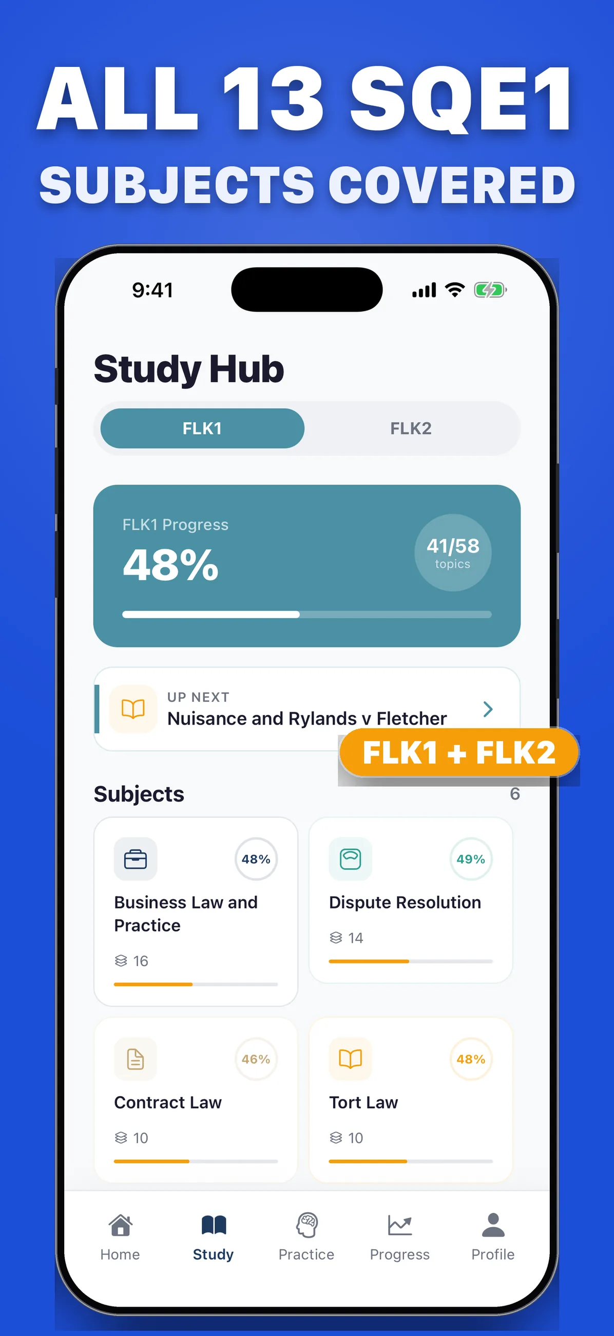 Study Hub listing the FLK1 subjects — Business Law and Practice, Dispute Resolution, Contract Law and Tort Law — with 48% overall progress across 41 of 58 topics