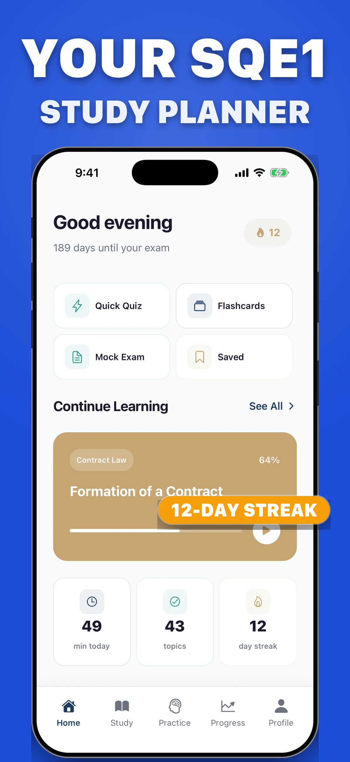 Home screen showing 189 days until the exam, a 12-day study streak, and shortcuts to a quick quiz, flashcards, a mock exam and saved questions