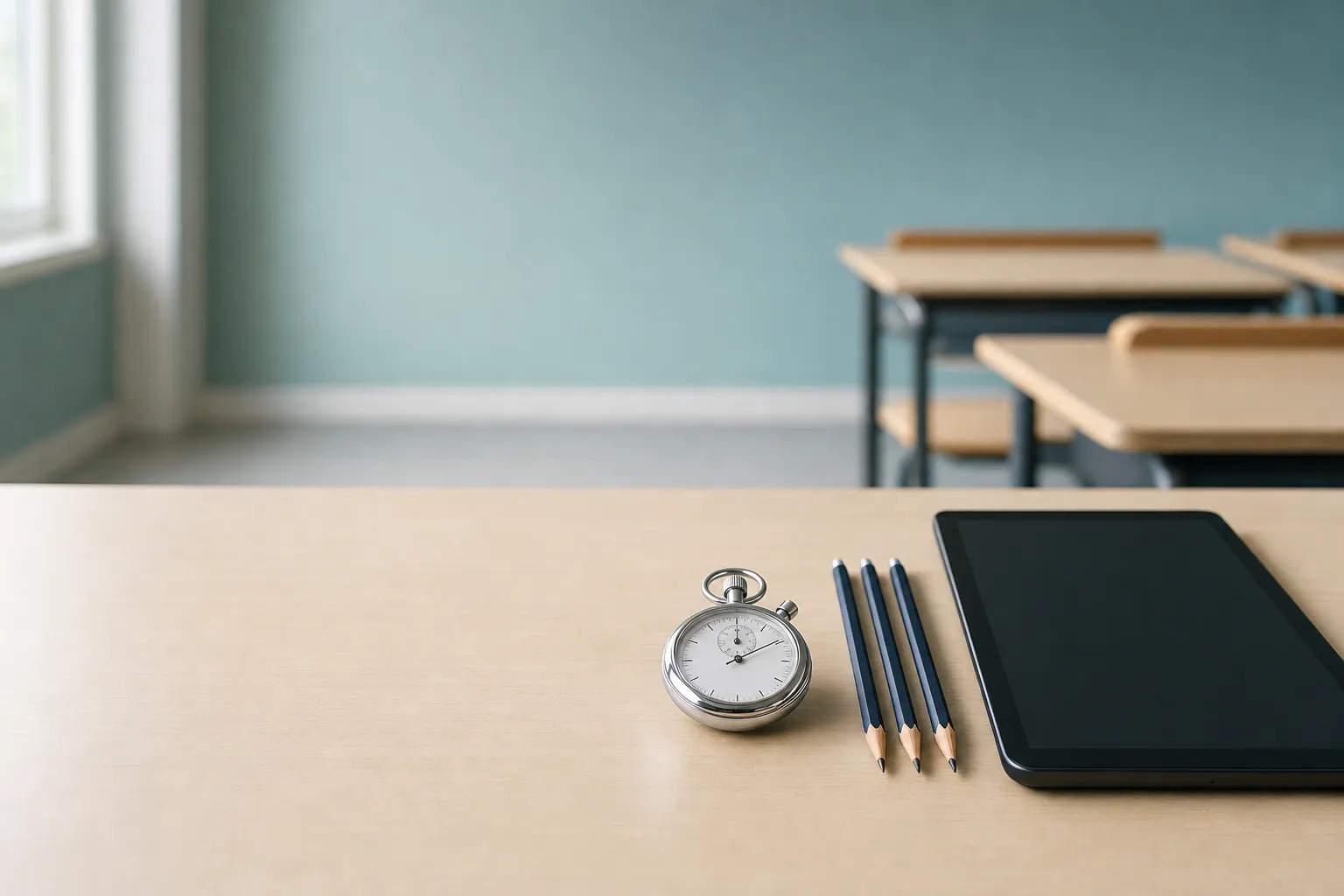 A chrome stopwatch beside a row of sharpened pencils and a closed tablet on a pale exam desk