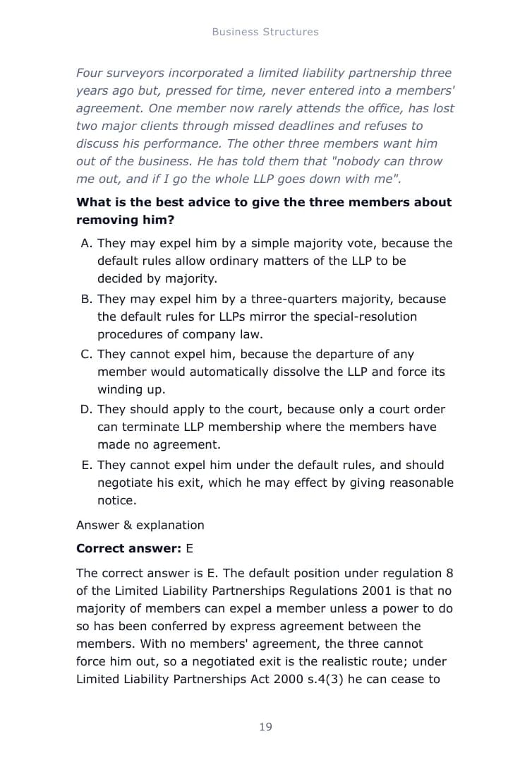 A worked single-best-answer question from the Business Law and Practice study guide, with the correct answer and an explanation of each option