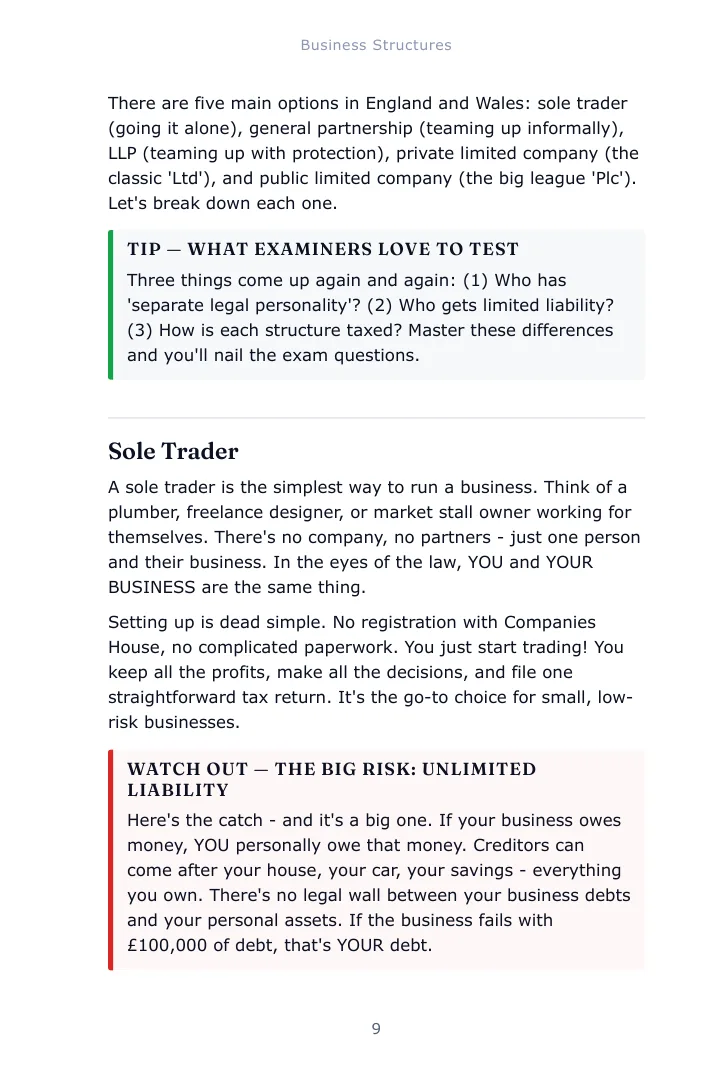 A notes page from the Business Law and Practice study guide with a examiner tip box set inside the text