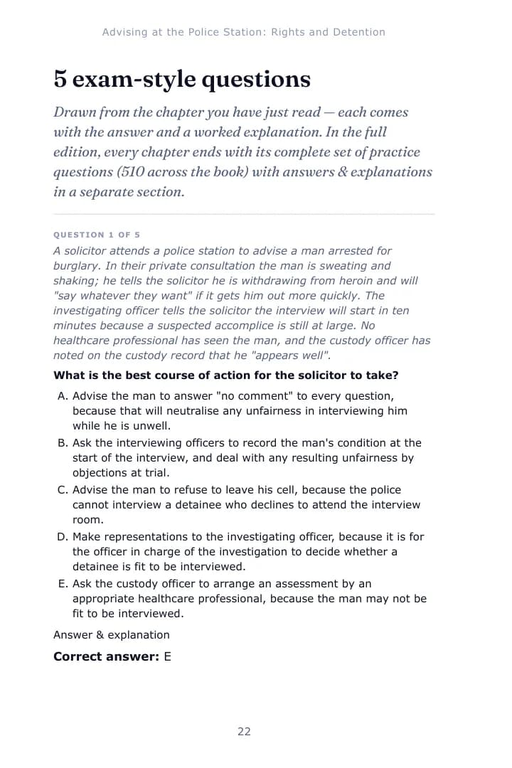 A worked single-best-answer question from Chapter 1 of the Criminal Law and Practice study guide, with the correct answer and an explanation of each option
