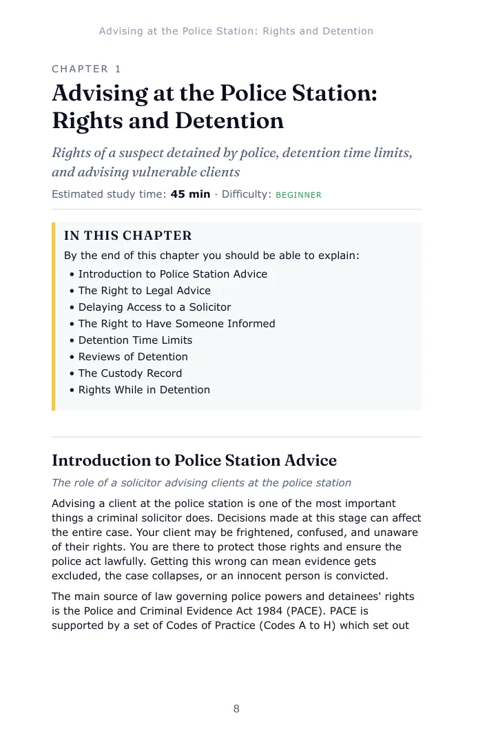 Opening page of Chapter 1, Advising at the Police Station: Rights and Detention, in the Criminal Law and Practice SQE1 study guide, with the estimated study time, difficulty and the list of what the chapter covers