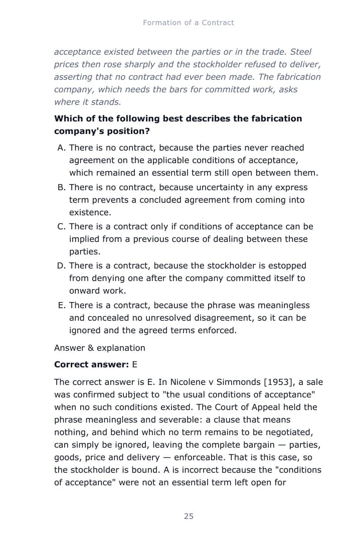 A worked single-best-answer question from Chapter 1 of the Contract Law study guide, with the correct answer and an explanation of each option