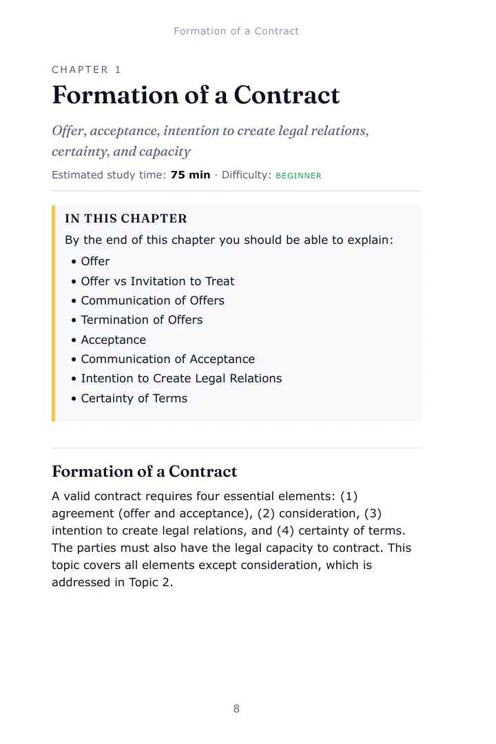 Opening page of Chapter 1, Formation of a Contract, in the Contract Law SQE1 study guide, with the estimated study time, difficulty and the list of what the chapter covers