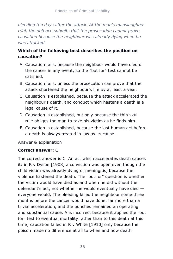 A worked single-best-answer question from Chapter 1 of the Criminal Liability study guide, with the correct answer and an explanation of each option