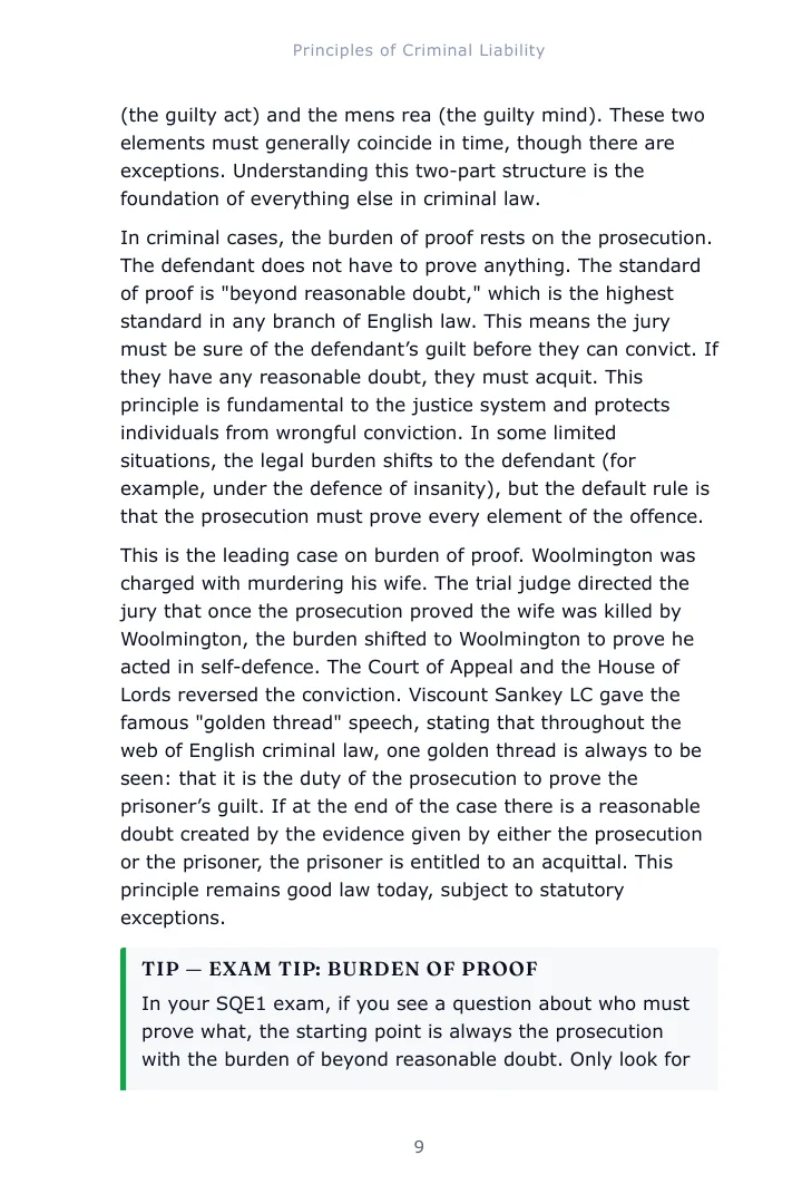 A notes page from Chapter 1 of the Criminal Liability study guide with a examiner tip box set inside the text