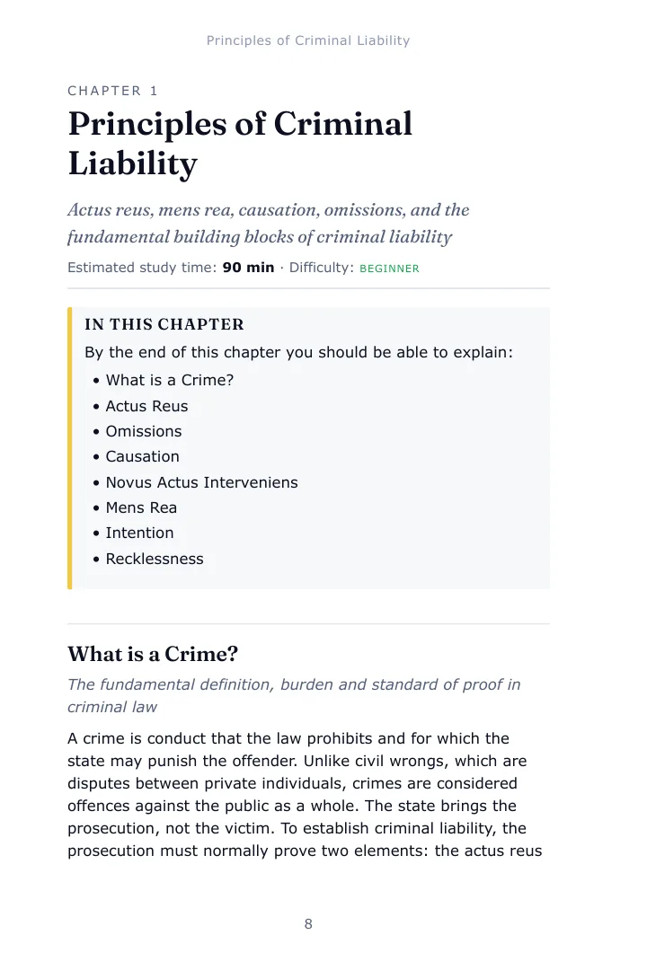 Opening page of Chapter 1, Principles of Criminal Liability, in the Criminal Liability SQE1 study guide, with the estimated study time, difficulty and the list of what the chapter covers
