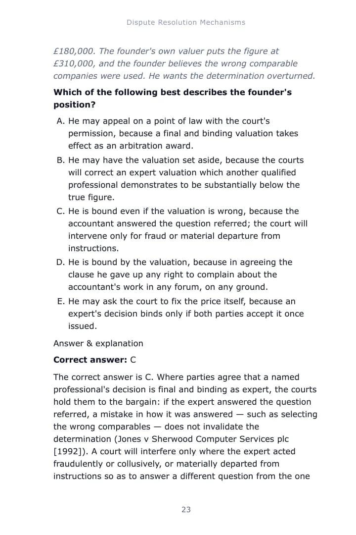 A worked single-best-answer question from Chapter 1 of the Dispute Resolution study guide, with the correct answer and an explanation of each option