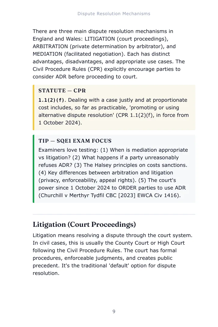 A notes page from Chapter 1 of the Dispute Resolution study guide with a statute extract box set inside the text