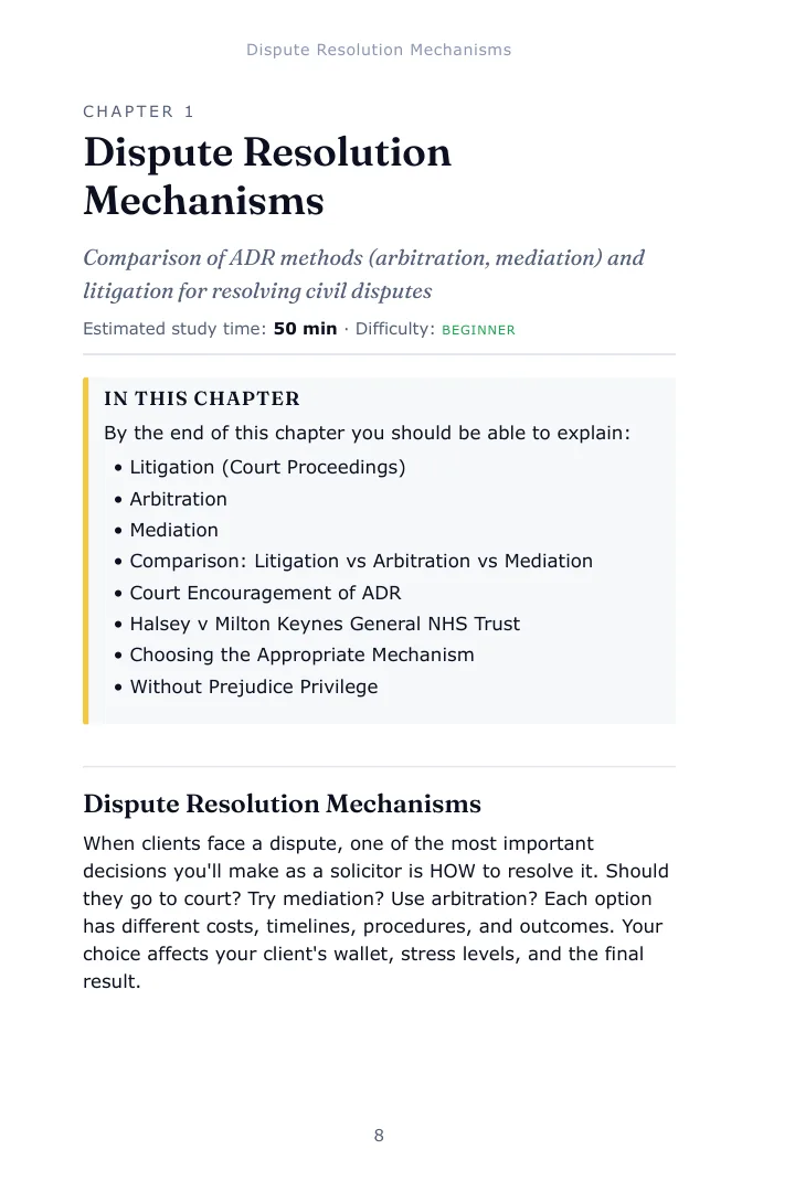 Opening page of Chapter 1, Dispute Resolution Mechanisms, in the Dispute Resolution SQE1 study guide, with the estimated study time, difficulty and the list of what the chapter covers