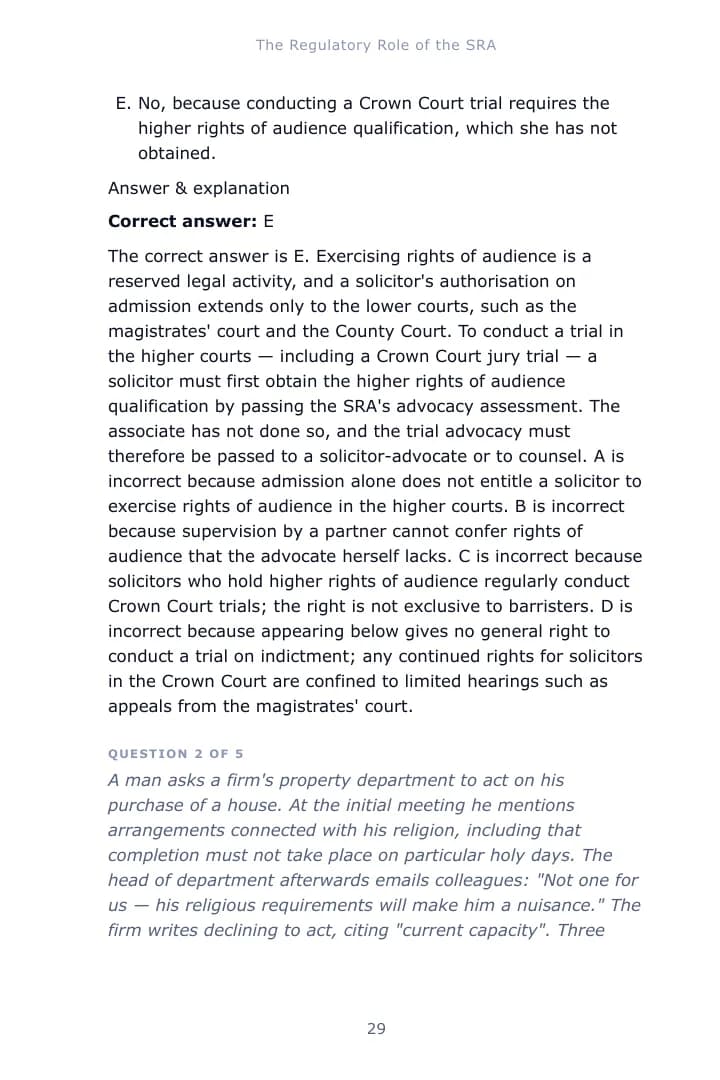 A worked single-best-answer question from Chapter 1 of the Legal Services study guide, with the correct answer and an explanation of each option
