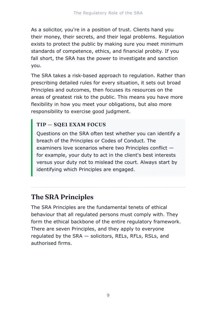 A notes page from Chapter 1 of the Legal Services study guide with a examiner tip box set inside the text