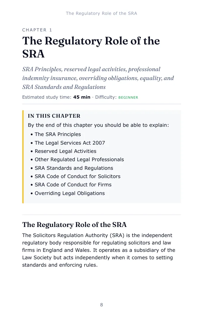 Opening page of Chapter 1, The Regulatory Role of the SRA, in the Legal Services SQE1 study guide, with the estimated study time, difficulty and the list of what the chapter covers