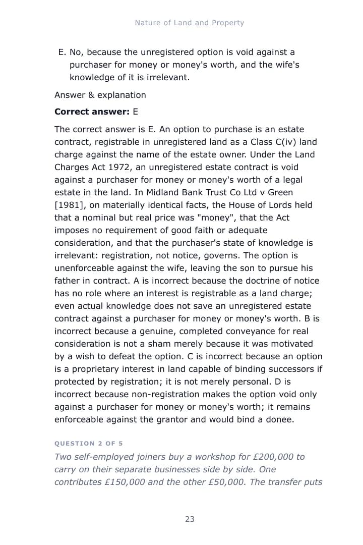 A worked single-best-answer question from Chapter 1 of the Land Law study guide, with the correct answer and an explanation of each option