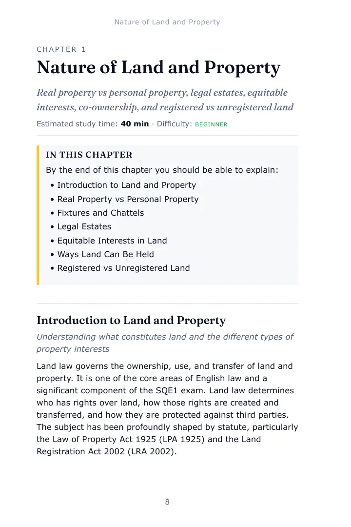 Opening page of Chapter 1, Nature of Land and Property, in the Land Law SQE1 study guide, with the estimated study time, difficulty and the list of what the chapter covers