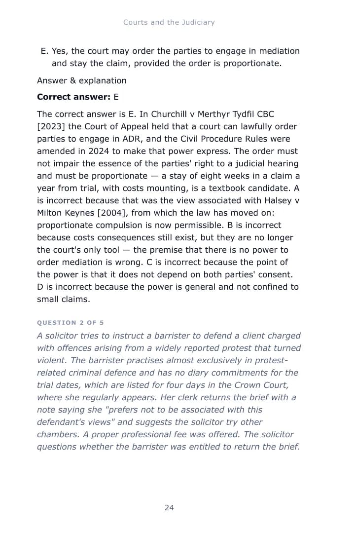 A worked single-best-answer question from Chapter 1 of the Legal System study guide, with the correct answer and an explanation of each option