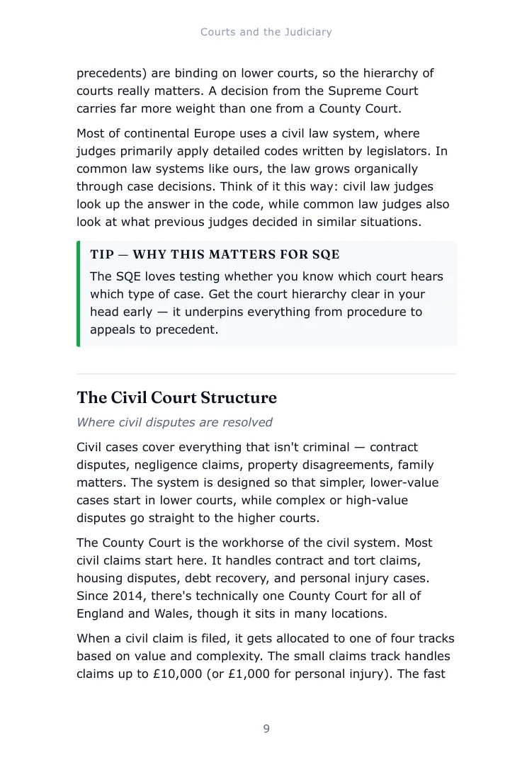 A notes page from Chapter 1 of the Legal System study guide with a examiner tip box set inside the text