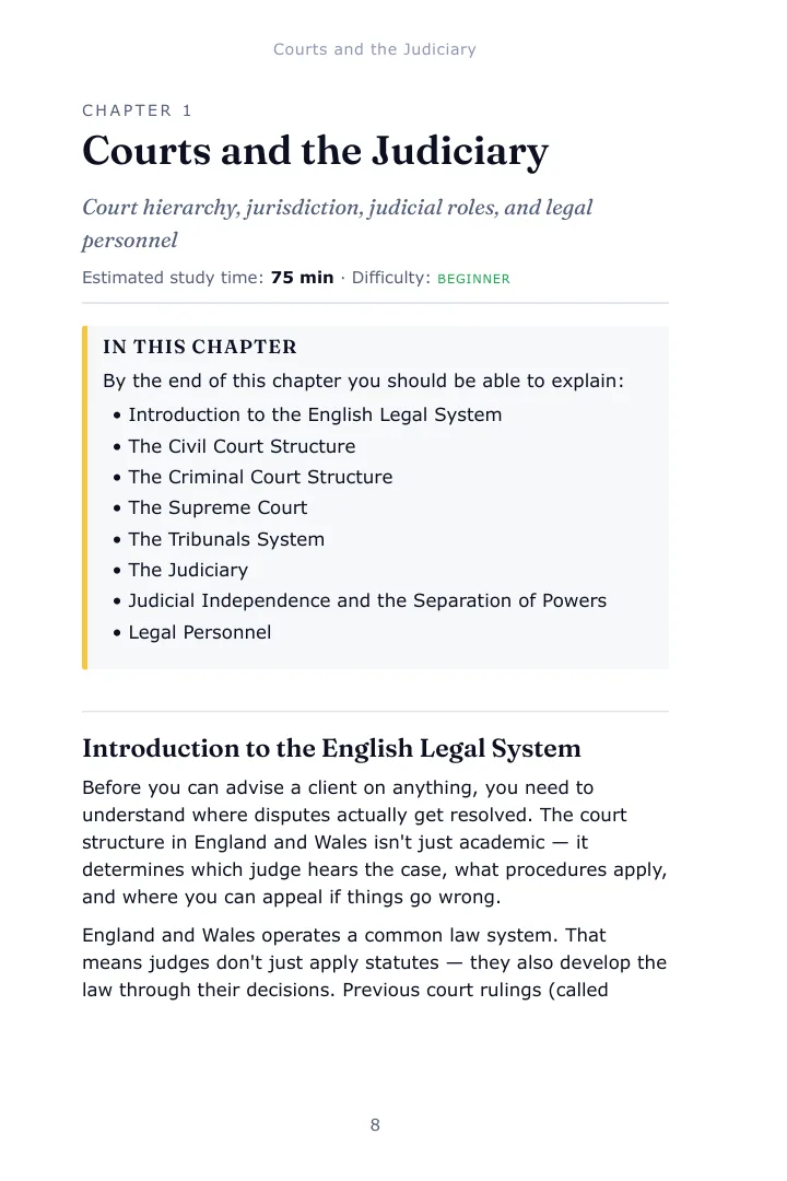 Opening page of Chapter 1, Courts and the Judiciary, in the Legal System SQE1 study guide, with the estimated study time, difficulty and the list of what the chapter covers