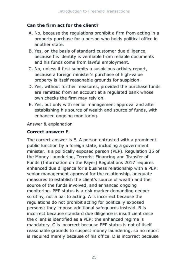A worked single-best-answer question from Chapter 1 of the Property Law and Practice study guide, with the correct answer and an explanation of each option