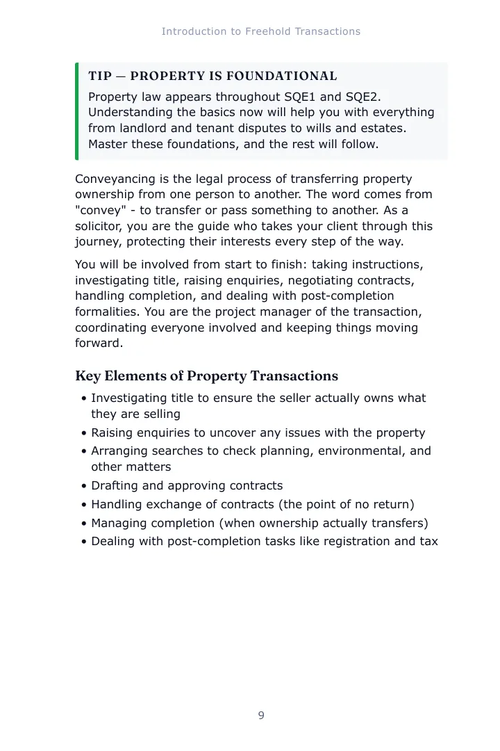 A notes page from Chapter 1 of the Property Law and Practice study guide with a examiner tip box set inside the text