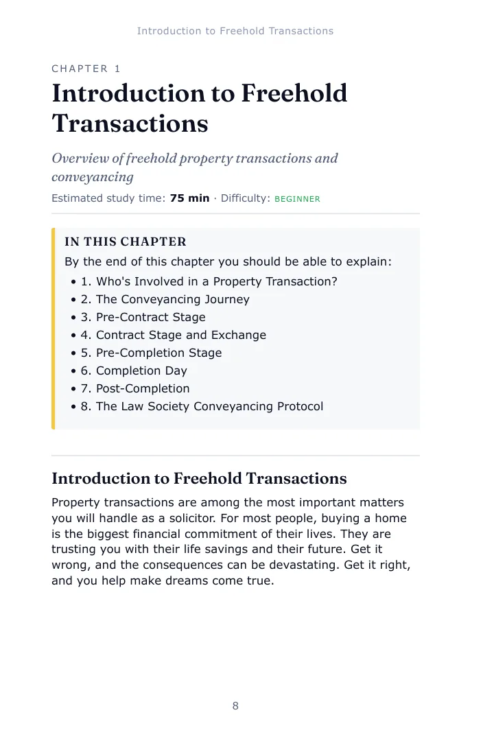 Opening page of Chapter 1, Introduction to Freehold Transactions, in the Property Law and Practice SQE1 study guide, with the estimated study time, difficulty and the list of what the chapter covers