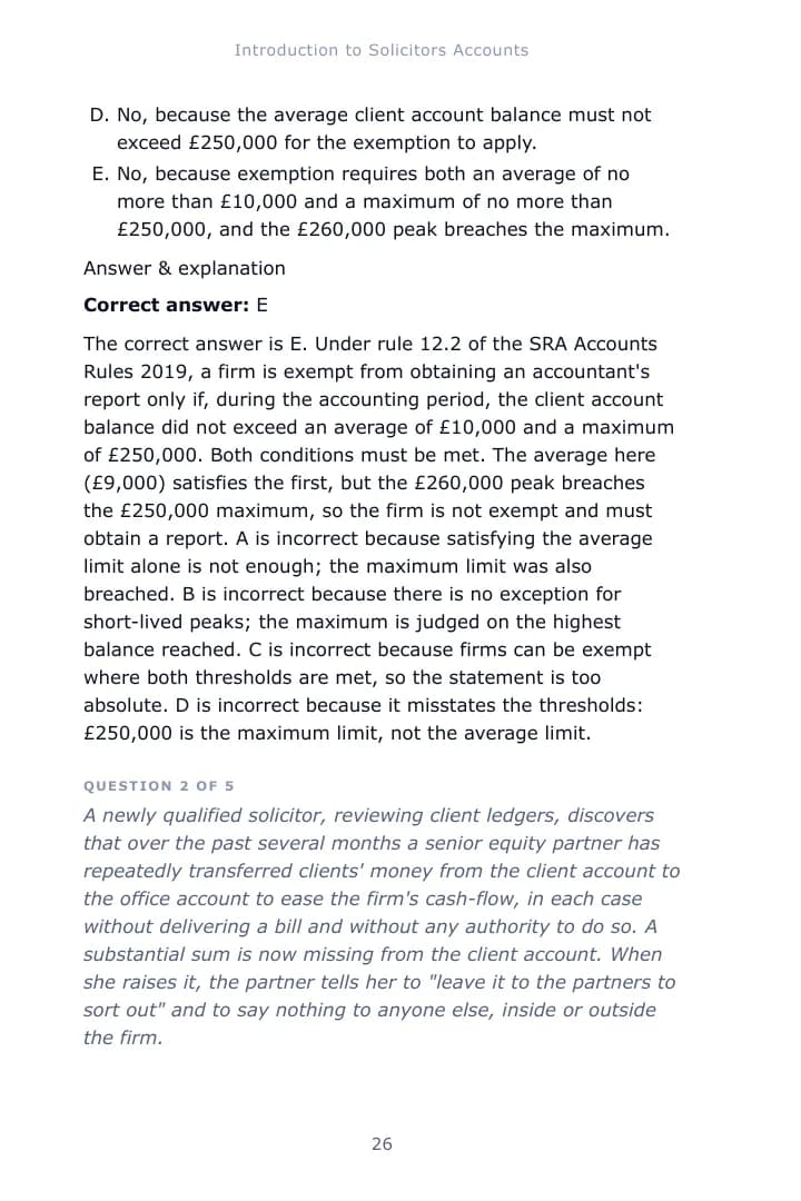 A worked single-best-answer question from Chapter 1 of the Solicitors Accounts study guide, with the correct answer and an explanation of each option