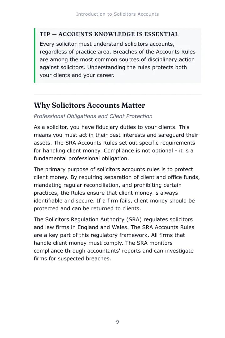A notes page from Chapter 1 of the Solicitors Accounts study guide with a examiner tip box set inside the text
