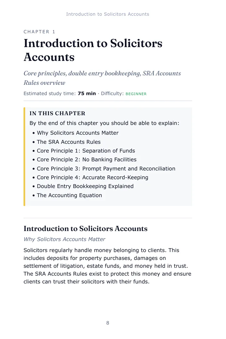 Opening page of Chapter 1, Introduction to Solicitors Accounts, in the Solicitors Accounts SQE1 study guide, with the estimated study time, difficulty and the list of what the chapter covers