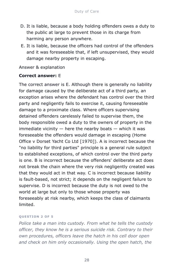 A worked single-best-answer question from Chapter 1 of the Tort Law study guide, with the correct answer and an explanation of each option