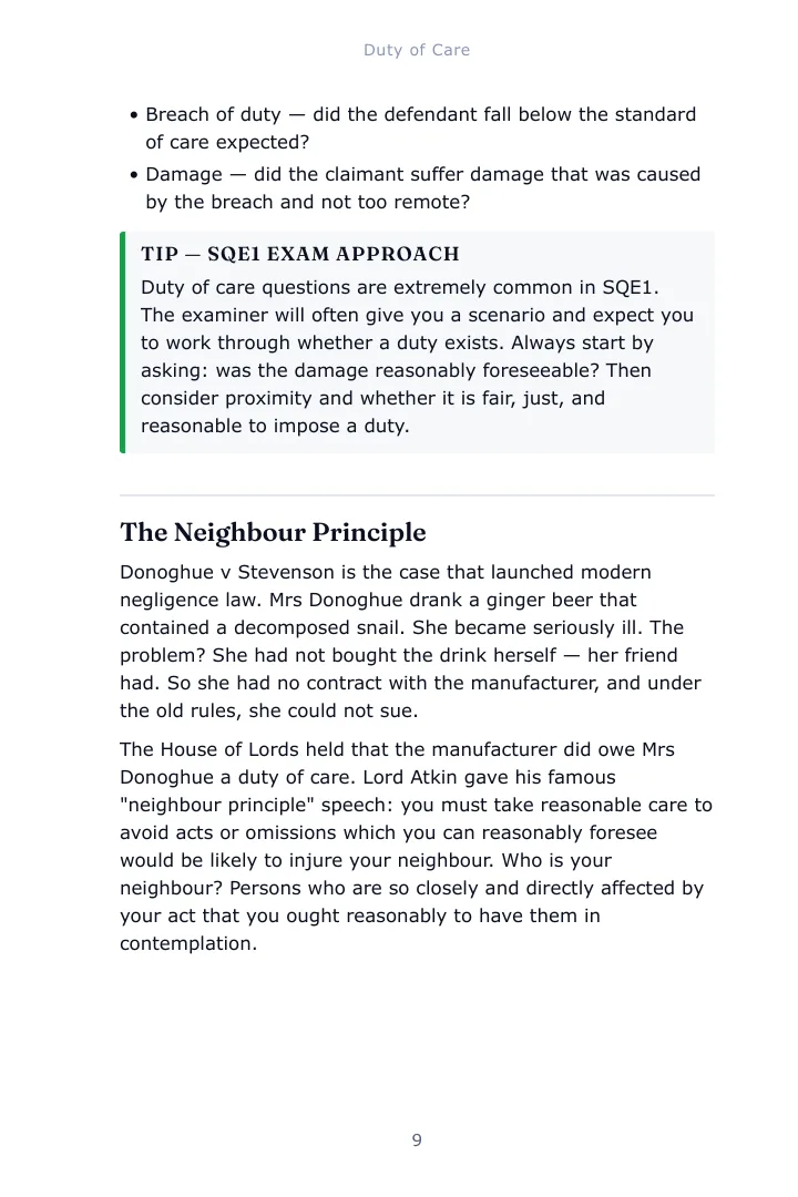 A notes page from Chapter 1 of the Tort Law study guide with a examiner tip box set inside the text