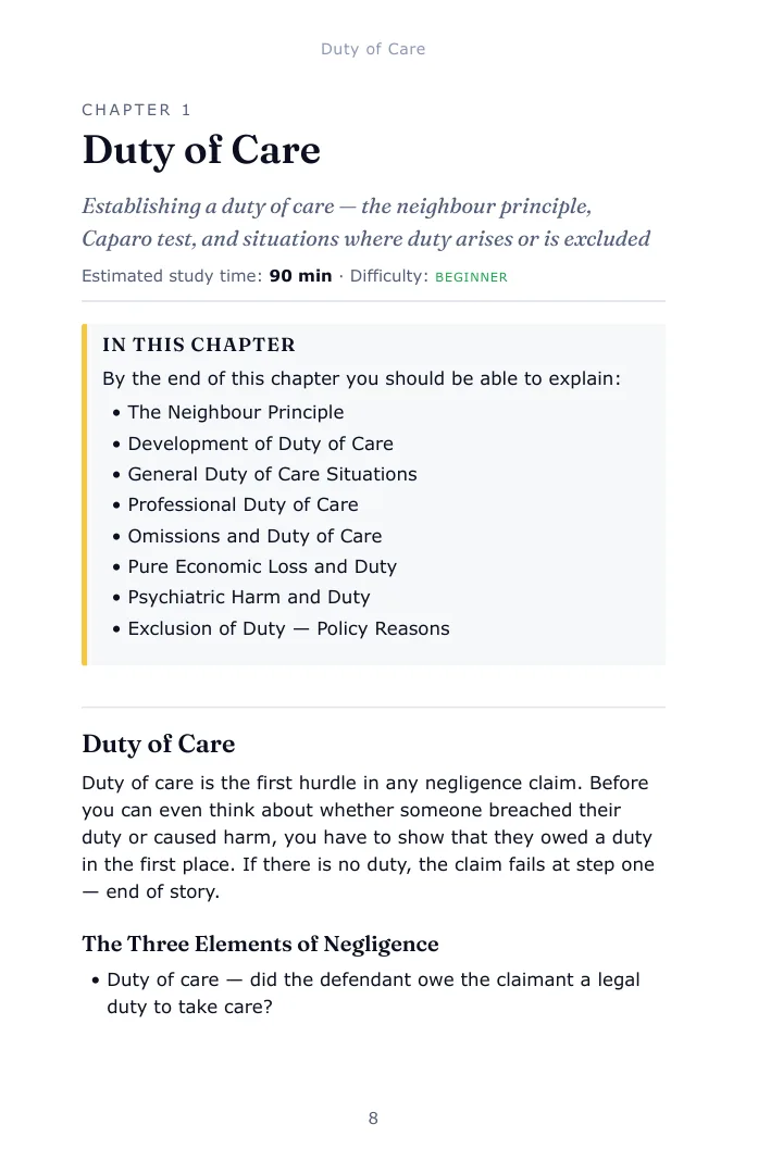 Opening page of Chapter 1, Duty of Care, in the Tort Law SQE1 study guide, with the estimated study time, difficulty and the list of what the chapter covers