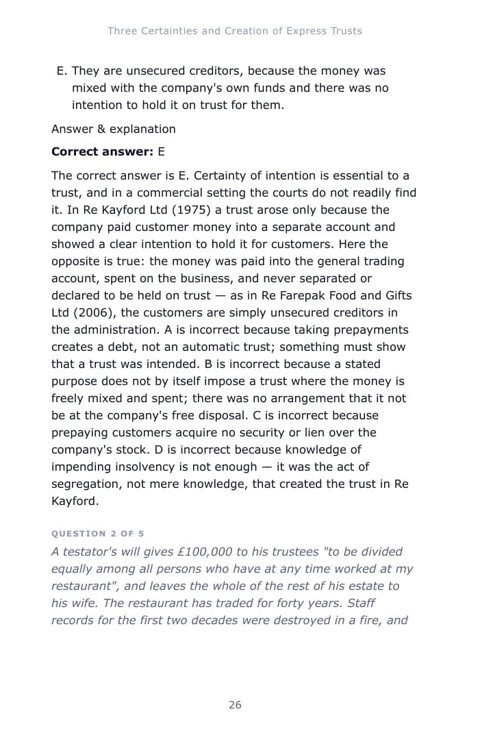 A worked single-best-answer question from Chapter 1 of the Trusts Law study guide, with the correct answer and an explanation of each option