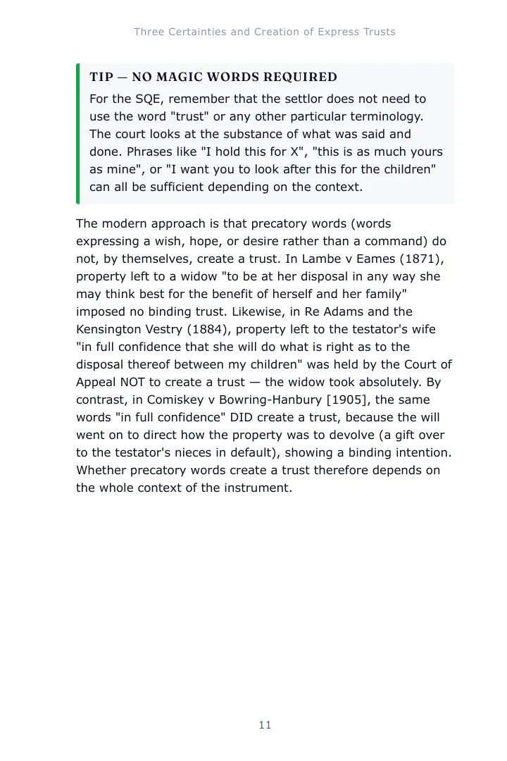A notes page from Chapter 1 of the Trusts Law study guide with a examiner tip box set inside the text