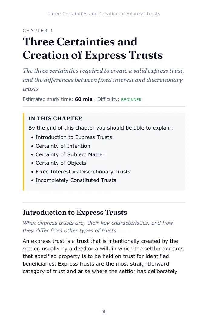 Opening page of Chapter 1, Three Certainties and Creation of Express Trusts, in the Trusts Law SQE1 study guide, with the estimated study time, difficulty and the list of what the chapter covers