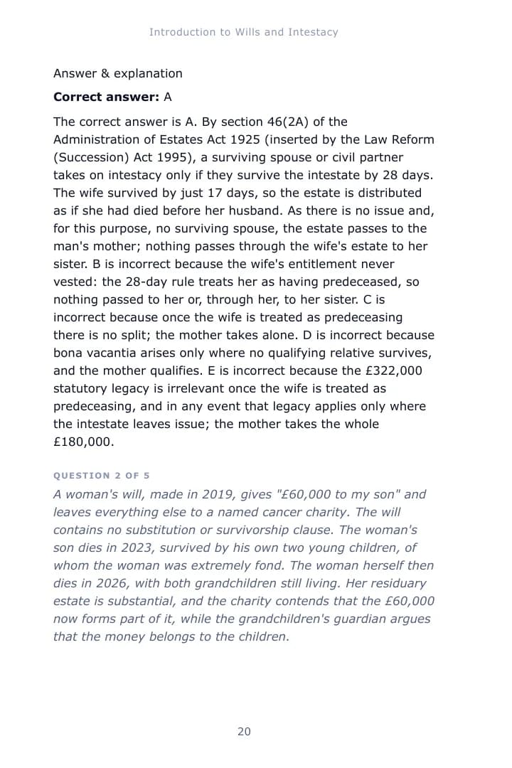 A worked single-best-answer question from Chapter 1 of the Wills and Administration of Estates study guide, with the correct answer and an explanation of each option