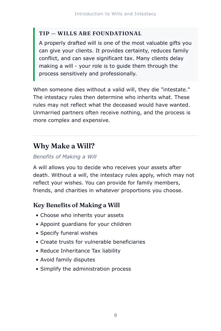 A notes page from Chapter 1 of the Wills and Administration of Estates study guide with a examiner tip box set inside the text