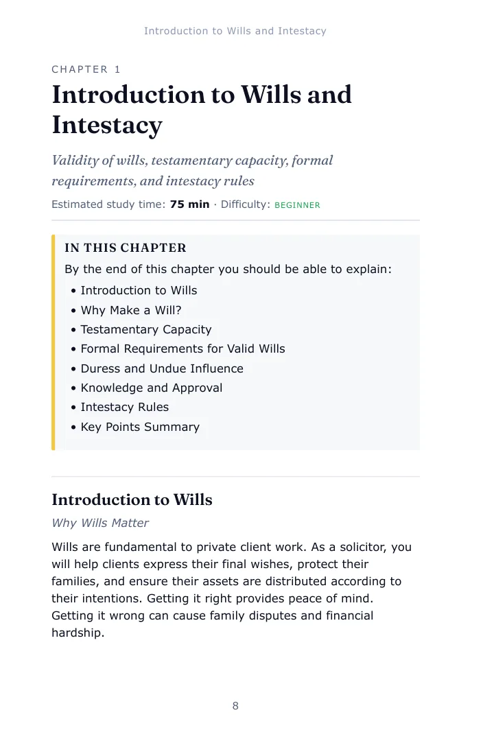 Opening page of Chapter 1, Introduction to Wills and Intestacy, in the Wills and Administration of Estates SQE1 study guide, with the estimated study time, difficulty and the list of what the chapter covers